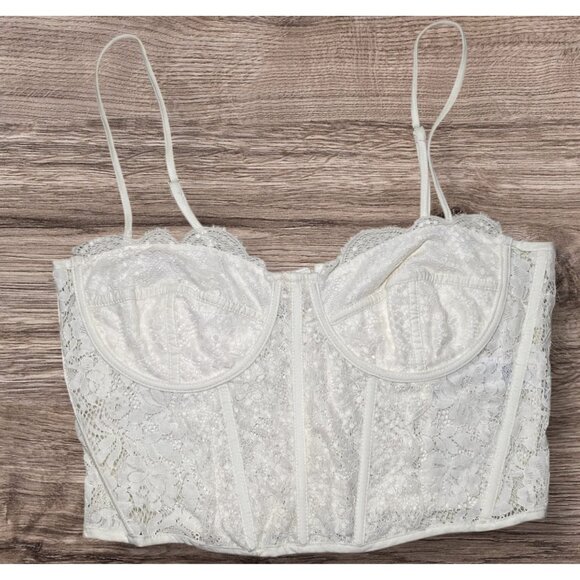 Cream Lace Bustier Crop Top Boning & Adjustable Straps Size L Bridal Coquette - Picture 1 of 7